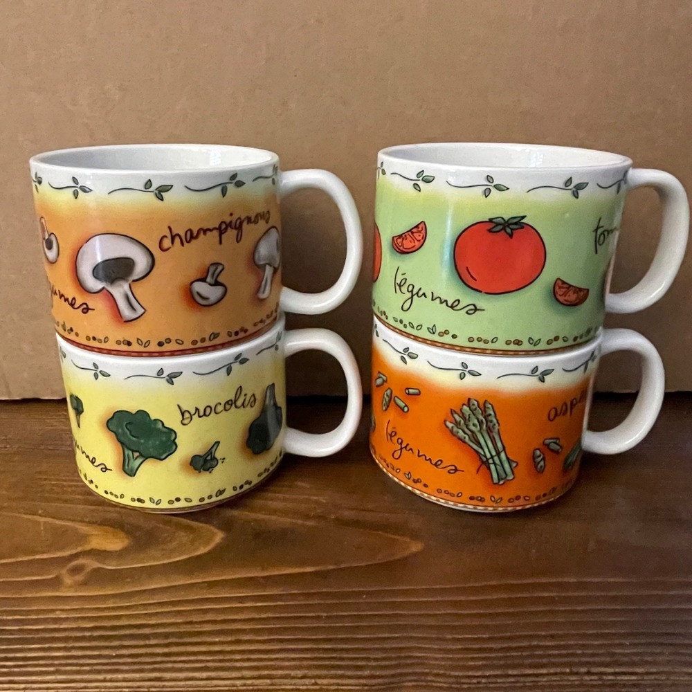 Vintage MSC Jocha 1990's Vegetable Stackable Soup Mug Set Yellow, Green, Orange